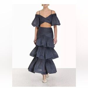 Zimmermann Pleated Tiered Skirt Navy Blue Size AU 0, USA 0-2 NWT $575